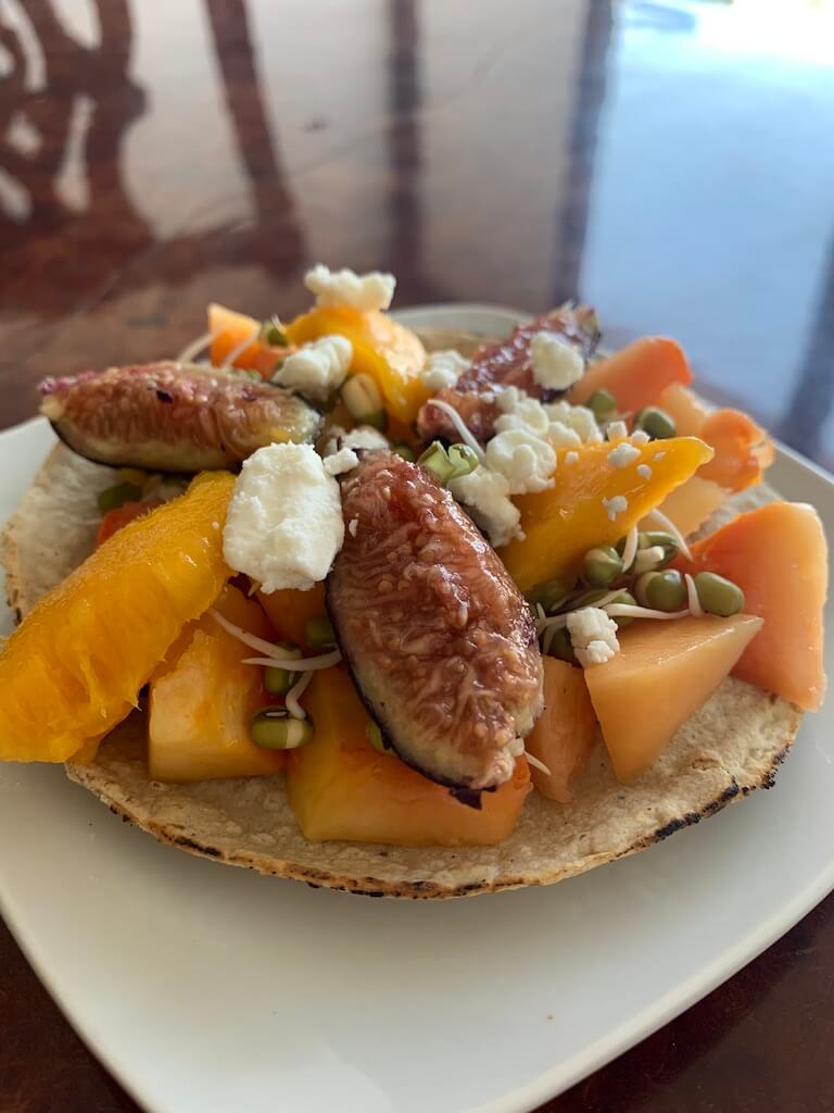 Amazing tostada courtesy of the hubby with sprouted Mung beans, feta, mango, papaya and figs